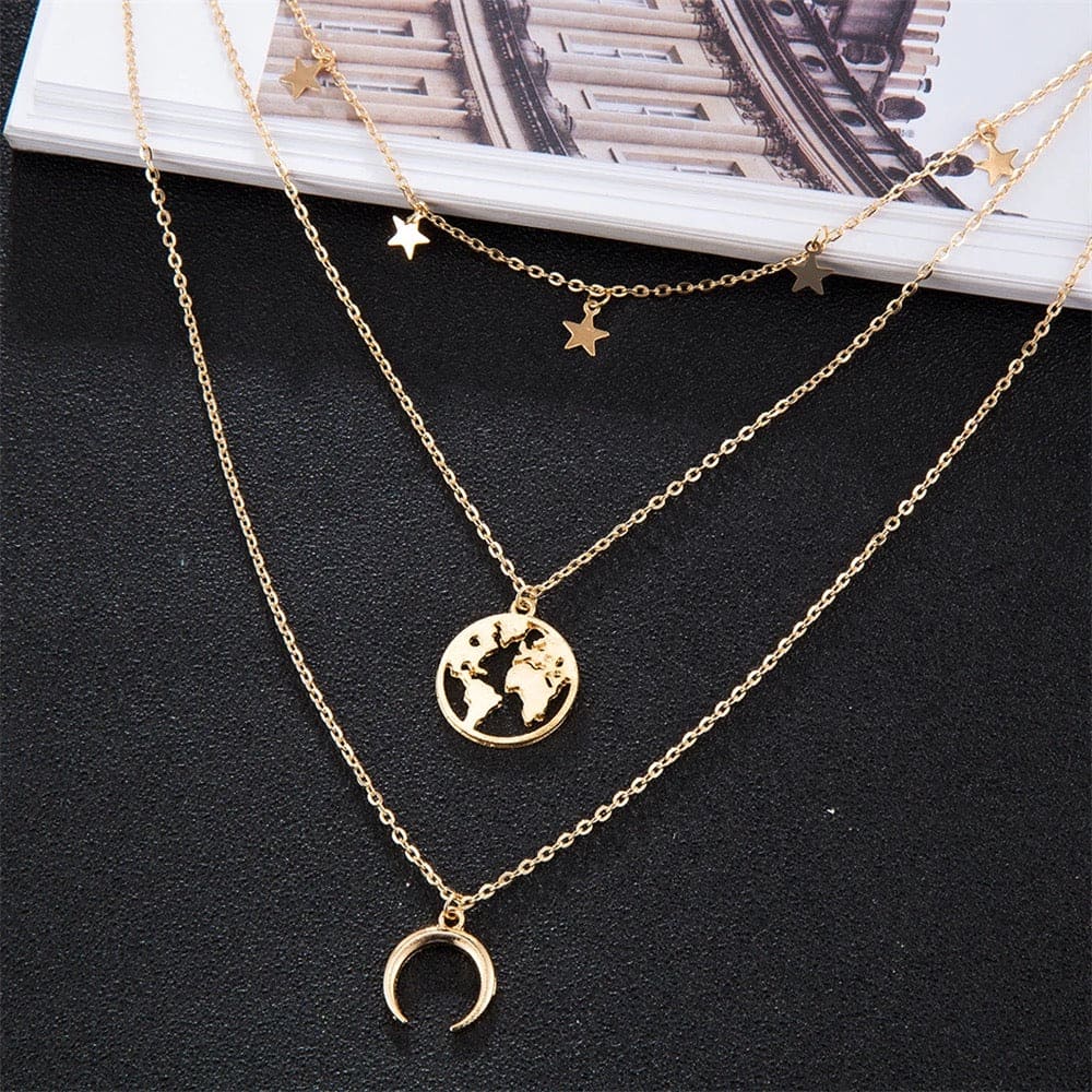 Moon Star Multilayer Necklace, Double Layer Star Moon Charm Necklace, New Alloy World Map Long Necklace, Fashion Charm Necklace, Delicate Clavicle Chain Necklace Moon Star Multilayer Necklace, Double Layer Star Moon Charm Necklace, New Alloy World Map Long Necklace, Fashion Charm Necklace, Delicate Clavicle Chain Necklace